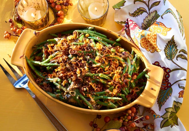This September 2017 photo shows modern green bean casserole in New York. The sauce is a lovely medley of sauteed fresh mushrooms and a blend of broth and half-and-half. (Mia via AP)