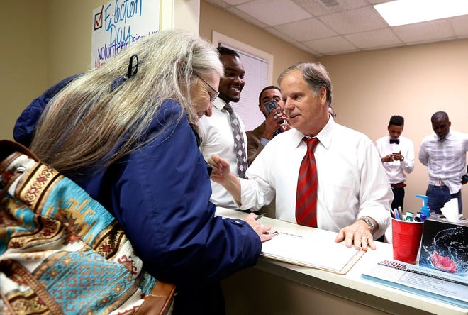 FILE - In this Nov. 29, 2017, file photo, Doug Jones, right, checks in volunteer, Chyrl Willis, left, as he stops along the campaign trail in Montgomery, Ala. Jones, a Democrat who once prosecuted two Ku Klux Klansmen in a deadly church bombing and has now broken the Republican lock grip on Alabama, is the state’s new U.S. senator.(AP Photo/Brynn Anderson, File)