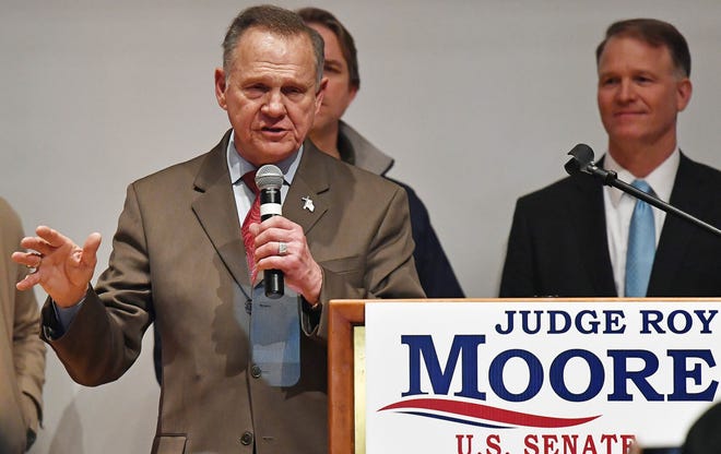 U.S. Senate candidate Roy Moore speaks at the end of an election-night watch party at the RSA activity center, Tuesday, Dec. 12, 2017, in Montgomery, Ala. Moore didn't concede the election to Democrat Doug Jones. (AP Photo/Mike Stewart)
