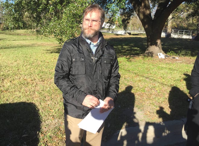 Savannah’s sustainability director, Nick Deffley, discusses a new grant program to convert FEMA lots into tree nurseries to alleviate flooding and provide job training opportunities for unemployed residents. (Eric Curl/Savannah Morning News)