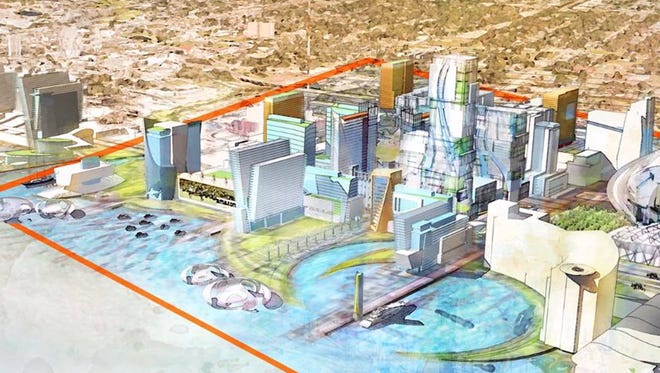 This image from the city’s video proposal to Amazon shows the location it’s proposing for the headquarters on the riverfront between downtown and the stadium.