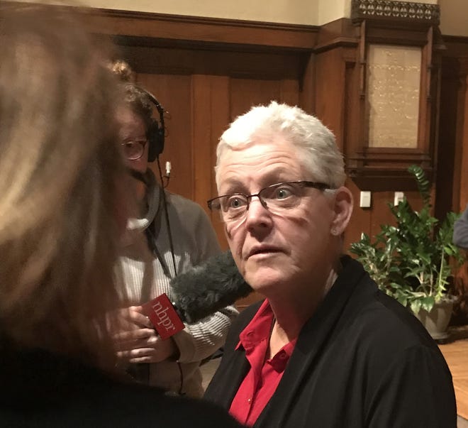 Gina McCarthy, right, former administrator of the Environmental Protection Agency, fields a question from Rye state Rep. Mindi Messmer following McCarthy's speech Monday night at Phillips Church in Exeter. [Courtesy photo]