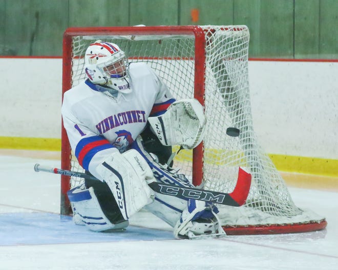 Winnacunnet goalie Jack Ellis makes one of his 29 saves in Wednesday's season-opening loss to Bow at Phillips Exeter Academy. [Matt Parker photo/Seacoastonline]