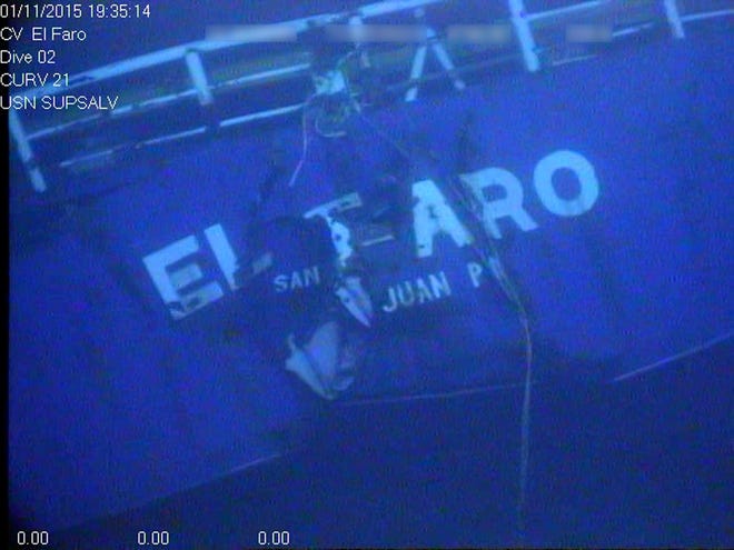 This image made from a video released April 26, 2016, by the National Transportation Safety Board shows the stern of the sunken ship El Faro. [NTSB VIA AP]