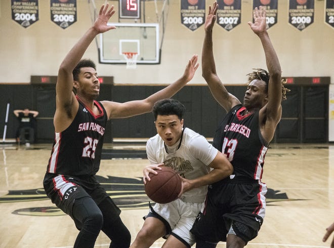Delta's Austin Dongon, center, drives on City College of San Francisco's Michael Steadman, left, and Terrell Brown during a game of the Delta Holiday Tournament at Delta's Blanchard Gym in Stockton. [CLIFFORD OTO/THE RECORD]