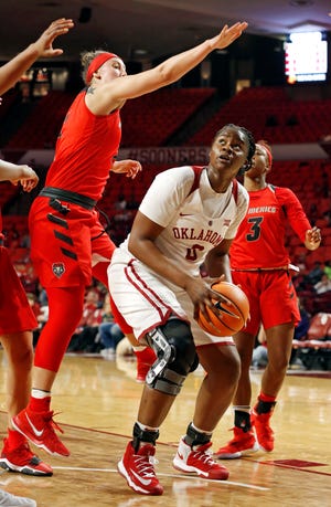 Senior center Vionise Pierre-Louis (0) is averaging 15.4 points and 8.1 rebounds per game for Oklahoma this season. [Photo by Steve Sisney, The Oklahoman]