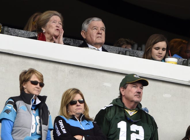 Carolina Panthers owner Jerry Richardson, top center, watches during the first half of an NFL football game between the Carolina Panthers and the Green Bay Packers in Charlotte, N.C., Sunday, Dec. 17, 2017. (AP Photo/Mike McCarn)