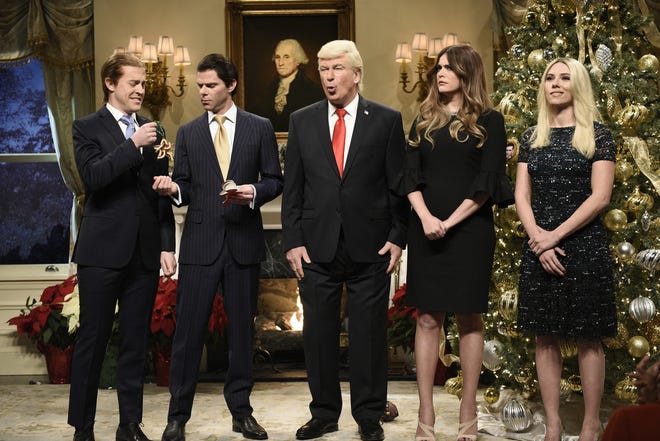 From left, Alex Moffat as Eric Trump, Mikey Day as Donald Trump Jr., Alec Baldwin as President Donald J. Trump, Cecily Strong as First Lady Melania Trump, Scarlett Johansson as Ivanka Trump during "White House Tree Trimming Cold Open" in Studio 8H on Saturday, December 16, 2017. (Photo by: Will Heath/NBC)