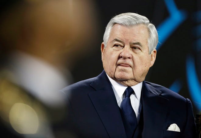 FILE - In this Sunday, Jan. 24, 2016 file photo, Carolina Panthers owner Jerry Richardson watches before the NFL football NFC Championship game against the Arizona Cardinals in Charlotte, N.C. The Carolina Panthers are investigating workplace misconduct allegations against founder and owner Jerry Richardson. The team said Friday, Dec. 15, 2017 former White House Chief of Staff Erskine Bowles is overseeing the investigation by a Los Angeles-based law firm. (AP Photo/Bob Leverone, File)