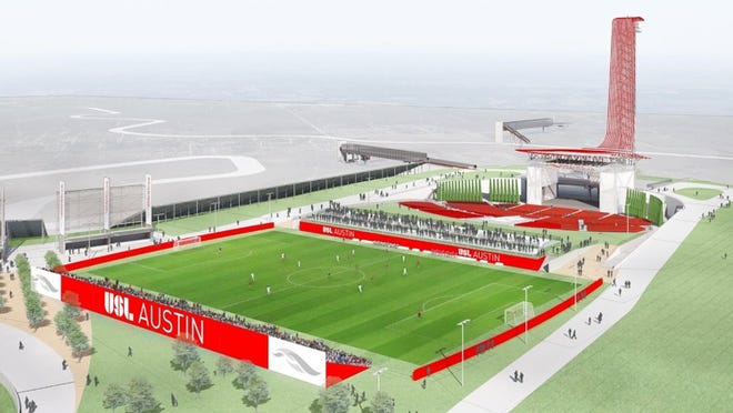 This architectural rendering shows the planned 5,000-seat stadium that would house a USL franchise at Circuit of the Americas in Southeast Austin. As the Austin City Council considers the possible relocation of an MLS franchise to the Texas capital, the fate of a prospective USL club is up in the air. CREDIT: Courtesy photo