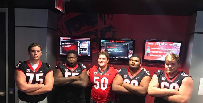 Offensive line recruits Owen Condon, Trey Hill, Warren Ericson, Jamaree Salyer and Cade Mays during recruiting visits last weekend (photo posted by Owen Condon on Twitter)