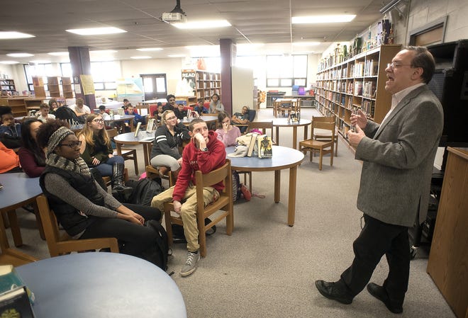 Theater executive and arts advocate Howard Sherman (right) talks to drama students at Harry S. Truman High School about the role theatre plays in social justice and anti-censorship Tuesday, Dec. 19, 2017 in Bristol Township. [BILL FRASER / STAFF PHOTOJOURNALIST]