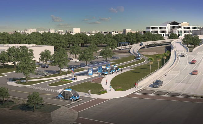 An artists rendering shows the proposed Brooklyn Station where autonomous vehicles would pick up passengers in the Brooklyn neighborhood, near the ramps connecting the Acosta Bridge with Riverside Avenue. (Rendering courtesy of Jacksonville Transportation Authority)