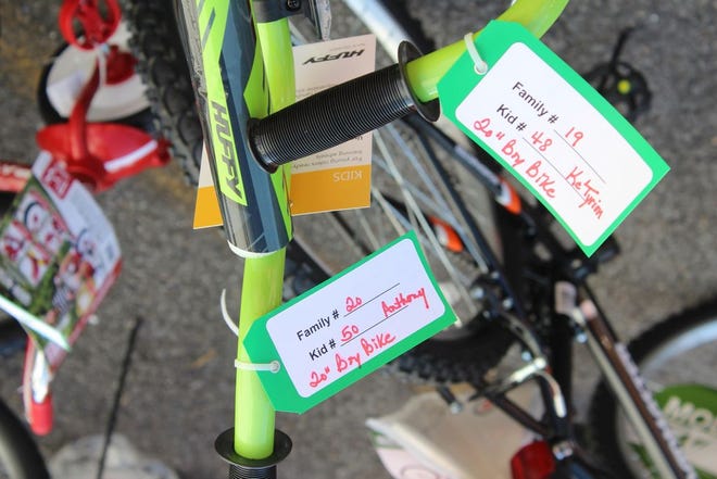 Bikes are tagged for individual children.