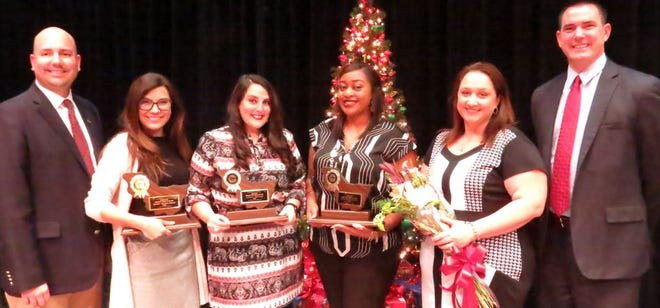 Iberville Parish Superintendent of Schools Arthur Joffrion, Ph.D., is shown with the Teachers of the Year and the Principal of the Year as well as the event at MSA-West’s emcee, Jeffrey Powell. Shown are, left to right, Joffrion, Aneillies Martinez-Kaftan, high school teacher of the year, Teacher of the Year at the elementary school level Lindsey Holtrop, Principal of the Year Adeline Loupe and Powell.