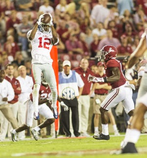 Ole Miss wide receiver Van Jefferson (12) catches a pass during the second half against Alabama on Sept. 30 at Bryant-Denny Stadium in Tuscaloosa, Ala. Jefferson's transfer to Florida became official Wednesday. [Laura Chramer/GateHouse Media Services]