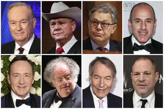 This combination of photos shows, top row from left, broadcaster Bill O'Reilly, U.S. Senate candidate Roy Moore, U.S. Sen. Al Franken, D-Minn., and broadcaster Matt Lauer. Bottom row from left are actor Kevin Spacey, conductor James Levine, broadcaster Charlie Rose and film producer Harvey Weinstein. The wave of sexual misconduct allegations that toppled Hollywood power brokers, politicians, media icons and many others was the top news story of 2017, according to The Associated Press' annual poll of U.S. editors and news directors. (AP Photo)