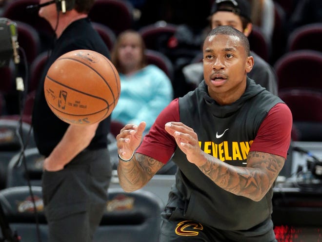 FILE - In this Nov. 22, 2017, file photo, Cleveland Cavaliers' Isaiah Thomas catches a pass before the team's NBA basketball game against the Brooklyn Nets in Cleveland. Cavaliers All-Star point guard Isaiah Thomas said he could return to the court as early as next week after being sidelined all season with a hip injury, Wednesday, Dec. 20, 2017. (AP Photo/Tony Dejak, File)