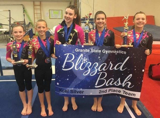 The Atlantic Gymnastics Silber team took second at the Blizzard Bash in Bow. The team includes Sam Bishop, Averie Marcotte Bea VanCampen, Audrey Choate and Cate Palmer. [courtesy]