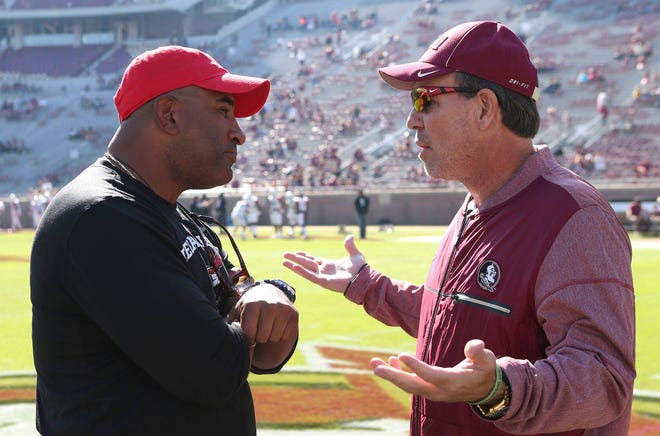 Steve Cannon/AP Former Florida State coach Jimbo Fisher meets Delaware State coach Kenny Carter at midfield before the start of a Nov. 18 game in Tallahassee. The latest issue in a mostly forgettable season for Florida State is a possible administrative error that calls into question the Seminoles’ bowl eligibility. The Independence Bowl between Florida State and Southern Miss will go on, regardless, and Seminoles fans can only hope that they can finally put 2017 to rest.