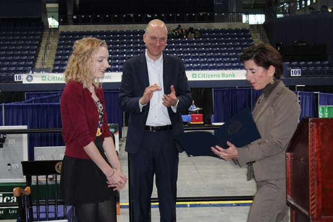 Paul W. Crowley East Bay Met School student Tatyana Frost of Middletown was recently presented an award by Gov. Gina Raimondo at the University of Rhode Island. Also present was state Education Commissioner Ken Wagner.