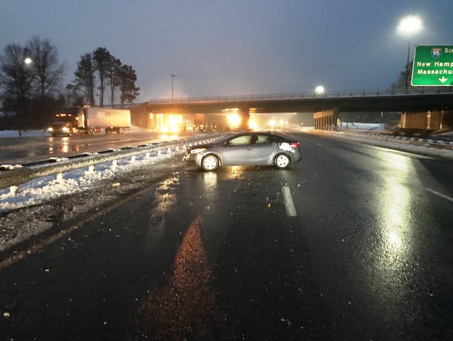 Predawn tractor trailer crash brought traffic to a crawl on the Maine Turnpike Saturday morning. [Maine State Police photo]