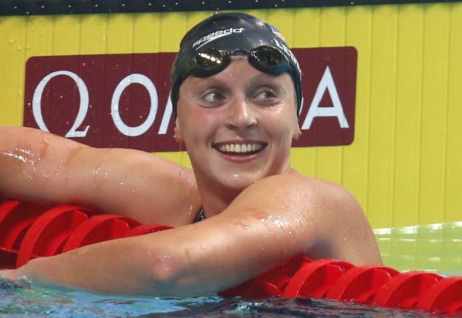 Katie Ledecky reacts after winning the gold medal in the women's 1500-meter freestyle final during the swimming competitions of the World Aquatics Championships on July 25 in Budapest, Hungary. [AP Photo / Darko Bandic, File]