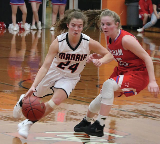 Rylan Santi battled mononucleosis earlier this season, but re-established herself as a defensive stopper for the Madrid girls’ basketball team. Photo by Andrew Logue/News-Republican