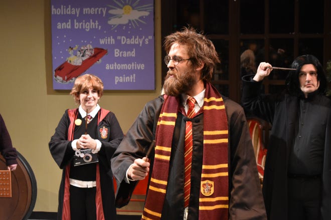 Tara McDonough, left to right, Zach Reynolds and John Herman perform in Stranger Than Fiction's "Christmas at Hogwarts" at the Seacoast Repertory Theater in Portsmouth. [Courtesy photo]