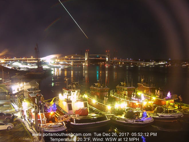 The Portsmouth Harbor webcam captured this image of the fireball seen Tuesday night. [Image via portsmouthwebcam.com/Michael McCormack]