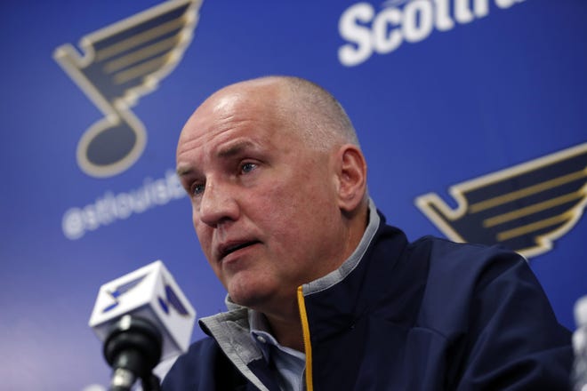 St. Louis Blues general manager Doug Armstrong speaks during a news conference naming Mike Yeo as the Blues' new head coach Wednesday, Feb. 1, 2017, in St. Louis. (AP Photo/Jeff Roberson)