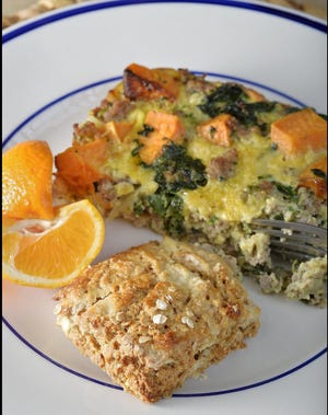 For New Year's brunch, try apple and oat scones, bottom, and sausage and sweet-potato casserole. [GREG WOHLFORD/ERIE TIMES-NEWS]