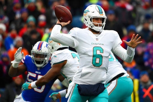 FILE - In this Dec. 17, 2017, file photo, Miami Dolphins quarterback Jay Cutler (6) passes the ball against the Buffalo Bills during the first half of an NFL football game in Orchard Park, N.Y. A game against the Buffalo Bills on Sunday, Dec. 31, 2017, might be the career finale for 34-year-old Cutler, who ended a brief retirement in August and said he has not decided whether he wants to play in 2018. (AP Photo/Rich Barnes, File)