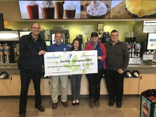 Pictured, from left to right, are Cumberland Farms District Manager Ray Roy, CEO of the Sanford-Springvale YMCA Andy Orazio, Sanford-Springvale YMCA Marketing Director Sari Hazzard, Cumberland Farms Sanford Store Manager Terri Heidenstrom, and VP of Divisional Operations for Cumberland Farms Jeff Cutting. 

[Courtesy photo]