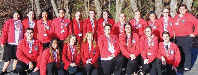 Monty Tech students who successfully completed the SkillsUSA Fall Leadership Conference are, front row, from left, Francisco Melo and Kayla Cintron, both of Fitchburg, Sophia Chernoch of Westminster, Maggie Lashua of Winchendon, Jade Bailey of Athol, Hannah Shults of Fitchburg, Dominique Dupuis of Lunenburg and Daniel McKenna of Leominster, and, back row, from left, Adrianna Durand of Athol, Sadie Wright of Royalston, Kelsey Aggrey of Fitchburg, Ariel Johnson of Holden, Casey Szlosek of Lunenburg, Samantha Collette of Westminster, Kayla Gerry, Adrianna Buzzell, and Ziola Wilder, all of Athol, Valerie Guzman of Fitchburg, Alexandria Chattaway of Ashby and Kylee Cormier of Fitchburg. SUBMITTED PHOTO
