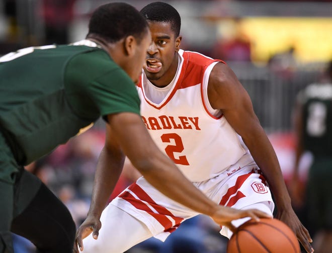 Bradley's Luqman Lundy eyes a Missouri S&T player during a game earlier this season at Carver Arena. Expect defensive focus Sunday when Northern Iowa visits Peoria. RON JOHNSON/JOURNAL STAR