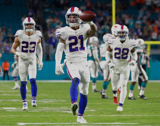 Buffalo Bills free safety Jordan Poyer (21) shows the ball after he intercepted a pass late in the second half of an NFL football game against the Miami Dolphins, Sunday, Dec. 31, 2017, in Miami Gardens, Fla. The Bills defeated the Dolphins 22-16. (AP Photo/Lynne Sladky)