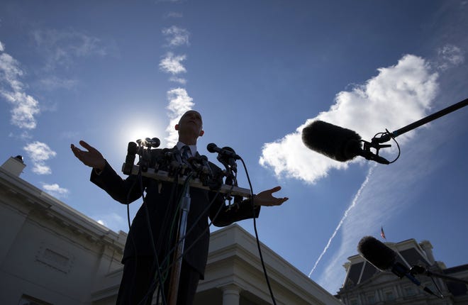 In this Friday, Sept. 29 file photo, Florida Gov. Rick Scott talks to the media outside the West Wing of the White House in Washington, after having lunch with President Donald Trump and Vice President Mike Pence. For more than a year, Florida Gov. Scott has engaged in a guessing game about his political future: Will he challenge U.S. Sen. Bill Nelson in 2018? [ AP FILE PHOTO ]