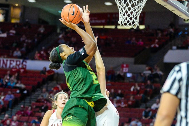 Former South Effingham star Shae Leverett, now a red-shirt freshman at the University of South Florida, attempts a shot in a recent game against Oklahoma. (USF Athletics/Special to Effingham Now)