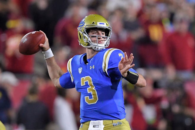 In this Saturday, Nov. 18, 2017 file photo, UCLA quarterback Josh Rosen passes during the first half of agame against Southern California in Los Angeles. UCLA quarterback Josh Rosen is skipping his senior season to enter the NFL draft. (AP Photo/Mark J. Terrill, File)