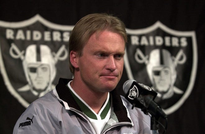 Then-Oakland Raiders coach Jon Gruden is shown during a press conference at Raiders headquarters in Alameda, Calif., on Jan. 14, 2001. [The Associated Press / Ben Margot]
