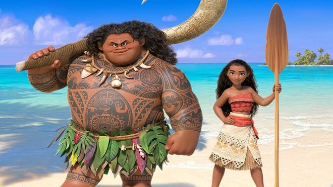 An image from Disney's "Moana," featuring the demigod Maui, left, voiced by Dwayne Johnson. [Disney]