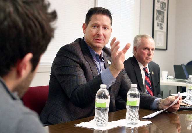 Speaker of the House, Rep. Ron Ryckman, R-Olathe, and House Majority Leader, Rep. Don Hineman, R-Dighton, right, spoke with the Topeka Capital-Journal editorial board Thursday morning. (Thad Allton/The Capital-Journal)
