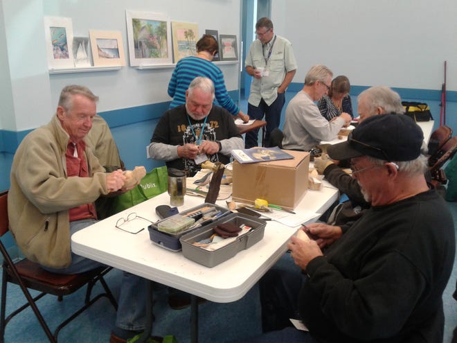 Snowbirds John Jollymore, Jim Anderson, Ryan Jennings and Lane Dahline met during a wood-carving class at the Panama City Beach Senior Center and still regularly attend the classes, along with other snowbird activities. [TYRA JACKSON/THE NEWS HERALD]