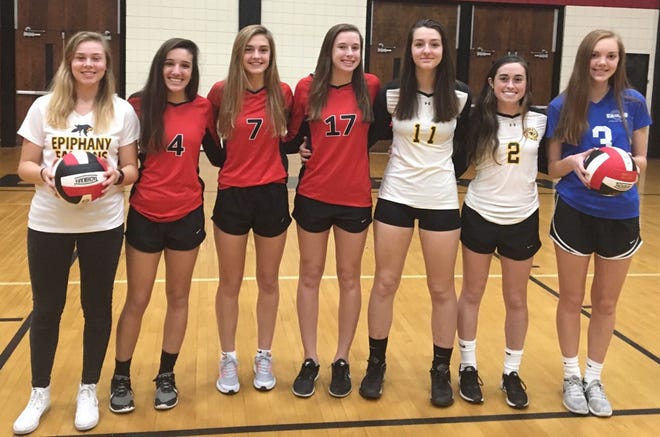 The 2017 Sun Journal All-Area volleyball team. From left to right: Haven Dixon (Epiphany), Megan Bueter (New Bern), Ellie Hanford (New Bern), Caitlin Magee (New Bern), Annie Anderson (Pamlico County), Madison Sadler (Pamlico County), Lexi McCoy (West Craven). [Jordan Honeycutt / Sun Journal Staff]