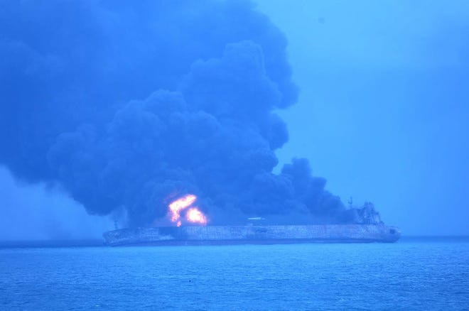 The oil tanker Sanchi is seen ablaze after a collision with a Hong Kong-registered freighter off China's eastern coast Sunday. [South Korean Coast Guard via AP]