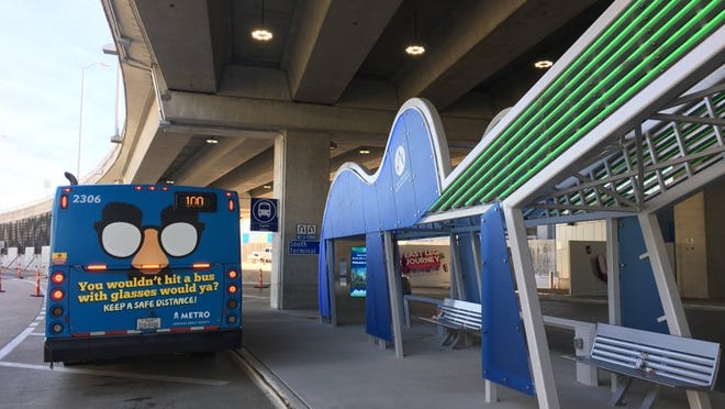 The Capital Metro bus stop at Austin-Bergstrom International Airport in December got a $600,000 makeover in the form of a giant guitar. BEN WEAR / AMERICAN-STATESMAN STAFF