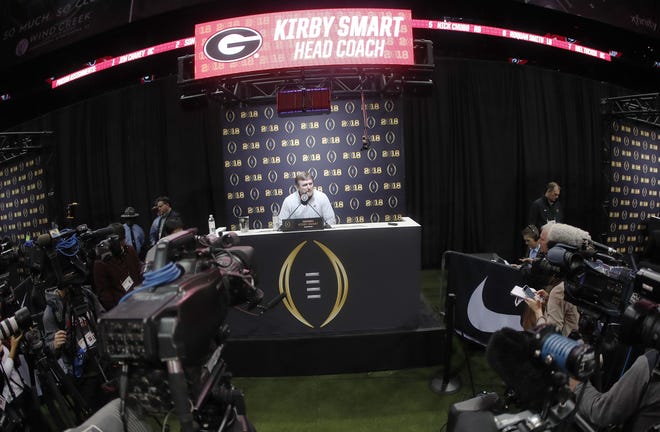 Georgia head coach Kirby Smart speaks during media day, Saturday, Jan. 6, 2018, in Atlanta. Georgia and Alabama will be playing for the NCAA football national championship on Monday, Jan. 8. (AP Photo/John Bazemore)