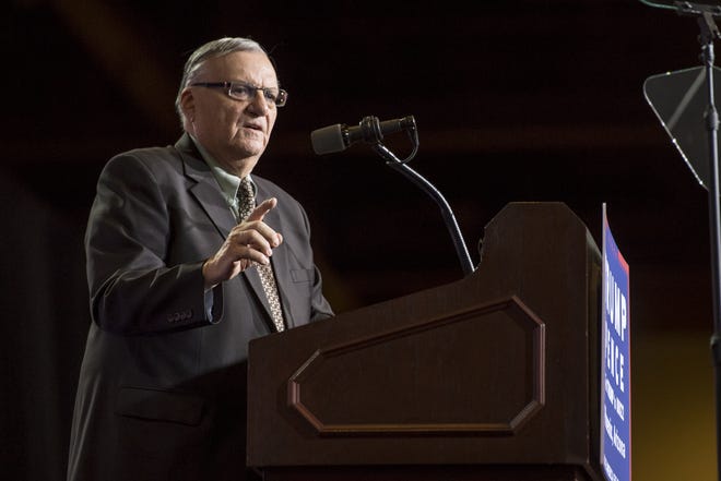 Joe Arpaio speaks during a campaign event for Donald Trump, 2016 Republican presidential nominee, in Phoenix on Aug. 31, 2016. [Bloomberg/David Paul Morris]