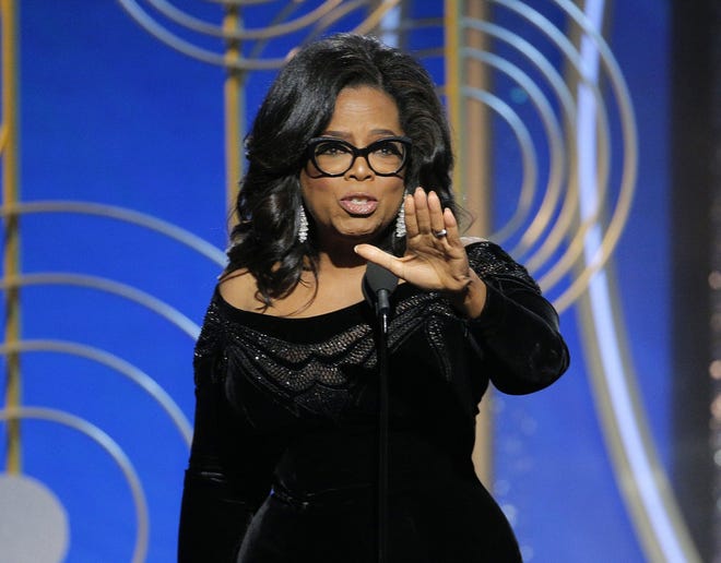 Oprah Winfrey delivers speech while accepting the Cecil B. DeMille Award at the 75th Annual Golden Globe Awards in Beverly Hills, Calif., on Sunday. [NBC VIA AP]